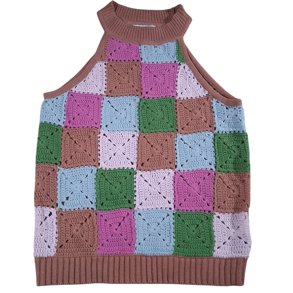 Crochet Halter Top Colorful Combo Square Patchwork Knit Retro Boho Granny MEDIUM